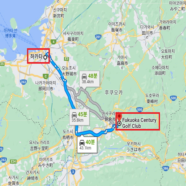 후쿠오카 센츄리(센추리)골프클럽 - 하카타 역에서 차로 약 40분 소요<br>- 후쿠오카 시내에서 차로 약 40분 소요